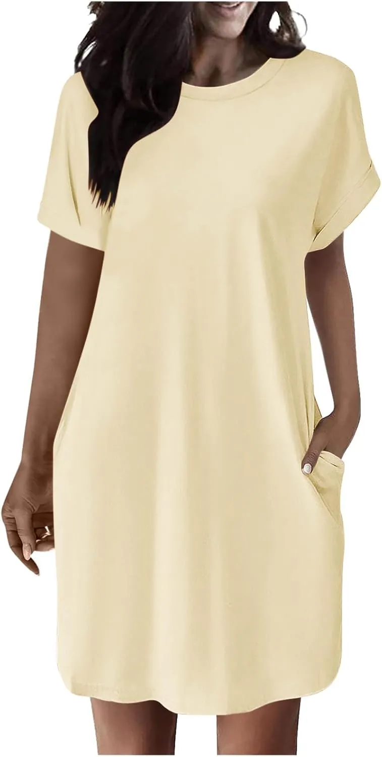 Womens Casual Summer Mini Tunic Dresses Short Sleeve Shift Dress Loose Crewneck Tshirt Sundress with Pockets