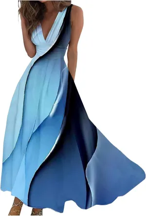 Womens Dresses Flowy Ruched Floral Print Beach Dresses Sleeveless Wrap V Neck Maxi Dress Elegant Sundresses