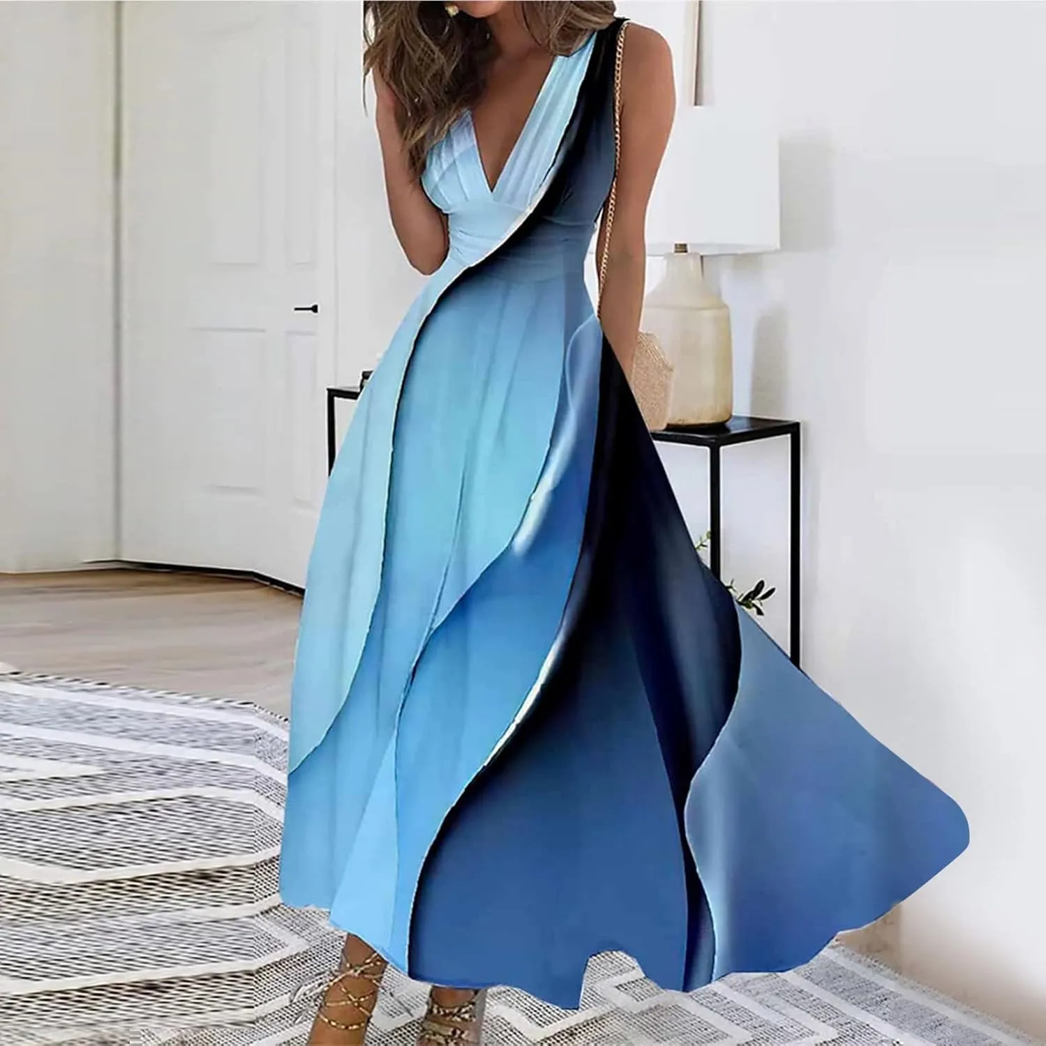 Womens Dresses Flowy Ruched Floral Print Beach Dresses Sleeveless Wrap V Neck Maxi Dress Elegant Sundresses