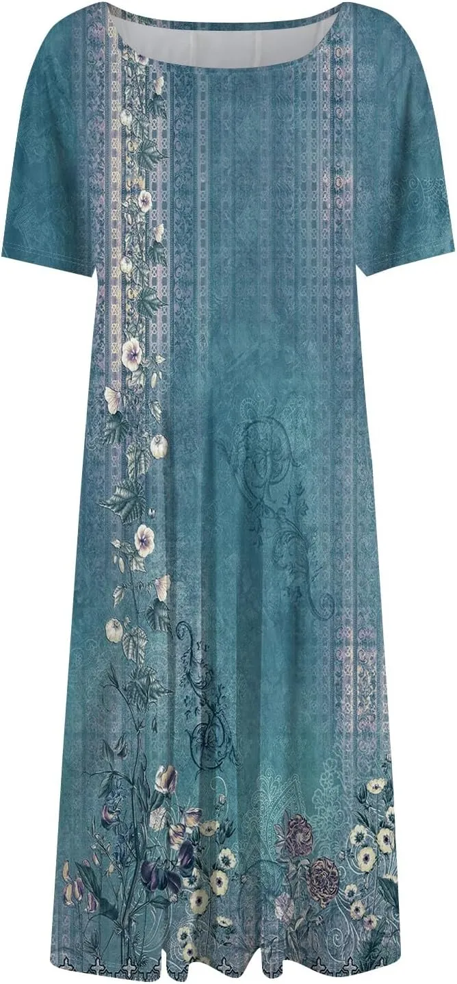 Womens Dresses Short Sleeve Summer Wrap Dress Empire Waist Floral Dress Fashion Smocked Midi Dresses with Pockets