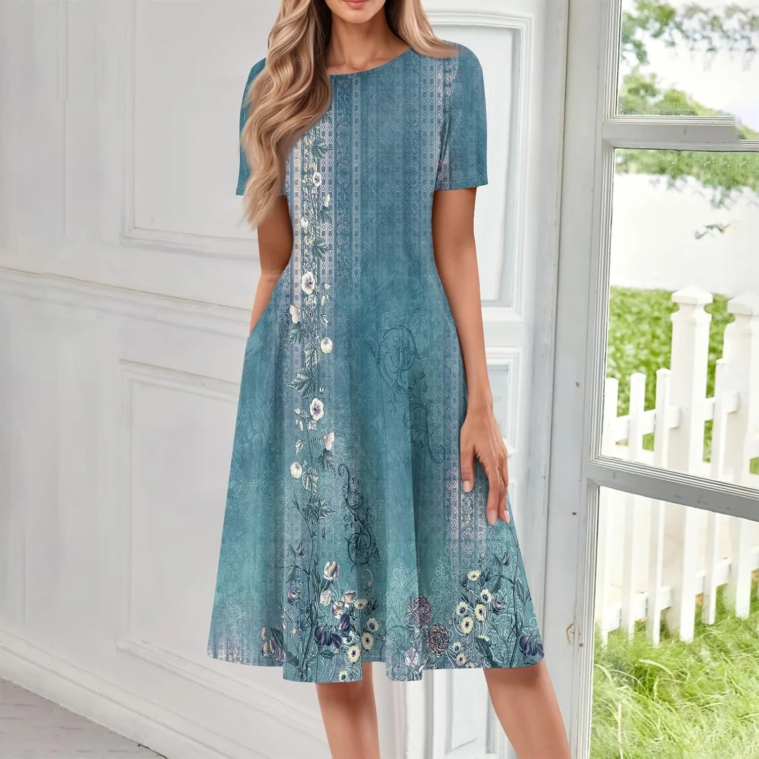 Womens Dresses Short Sleeve Summer Wrap Dress Empire Waist Floral Dress Fashion Smocked Midi Dresses with Pockets