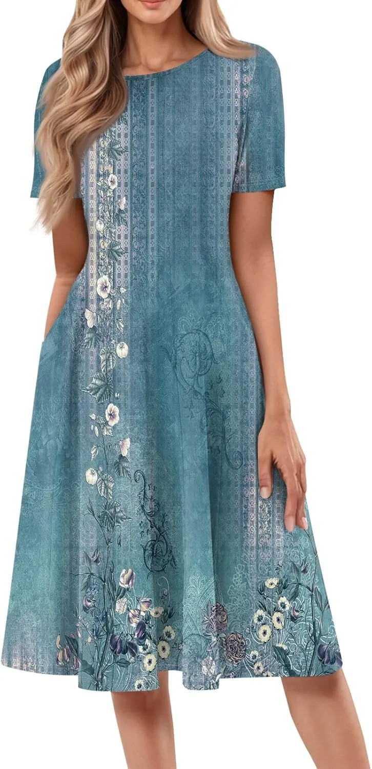 Womens Dresses Short Sleeve Summer Wrap Dress Empire Waist Floral Dress Fashion Smocked Midi Dresses with Pockets
