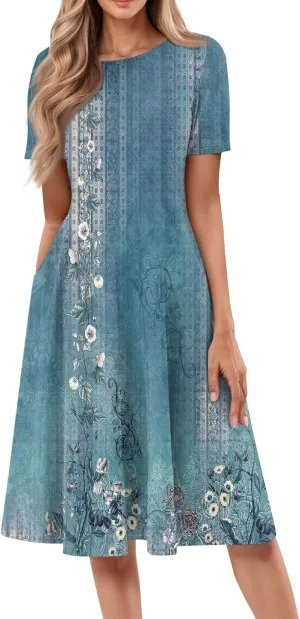 Womens Dresses Short Sleeve Summer Wrap Dress Empire Waist Floral Dress Fashion Smocked Midi Dresses with Pockets