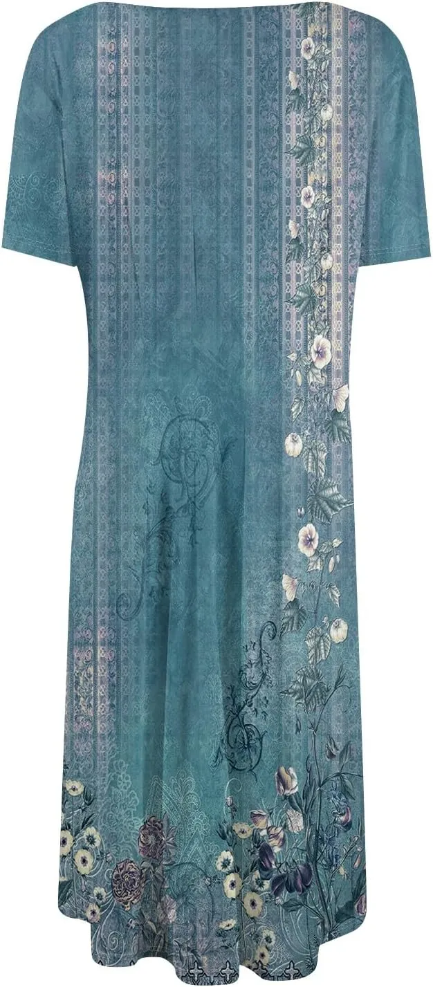 Womens Dresses Short Sleeve Summer Wrap Dress Empire Waist Floral Dress Fashion Smocked Midi Dresses with Pockets
