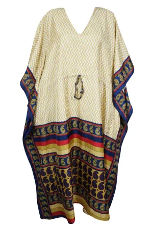 Womens Kaftan Maxi Dress, Beige Dark Blue Printed Dresses, Gift For Mom, Coverup, Recycle Silk Lightweight Kaftan L-2XL