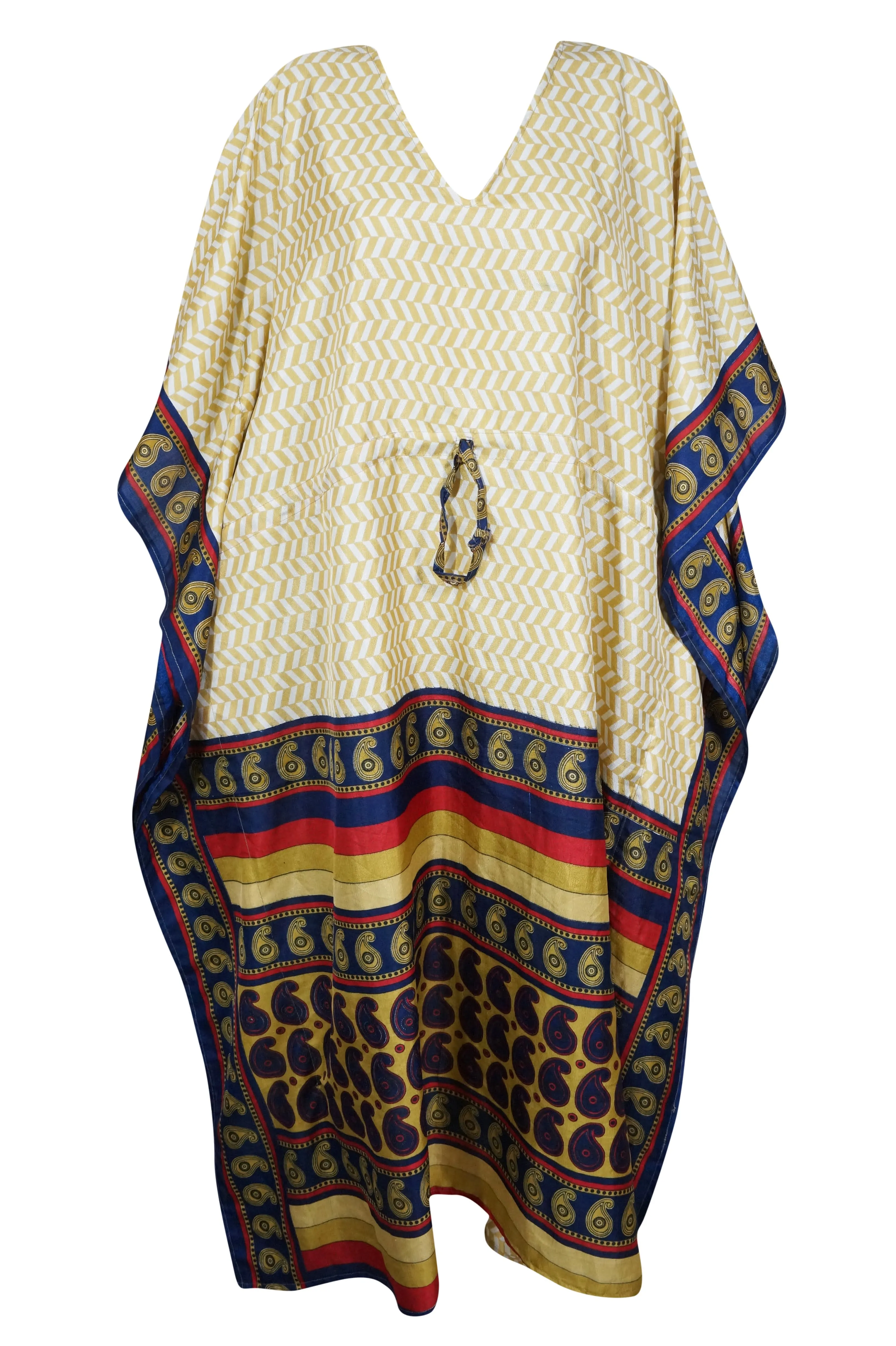 Womens Kaftan Maxi Dress, Beige Dark Blue Printed Dresses, Gift For Mom, Coverup, Recycle Silk Lightweight Kaftan L-2XL