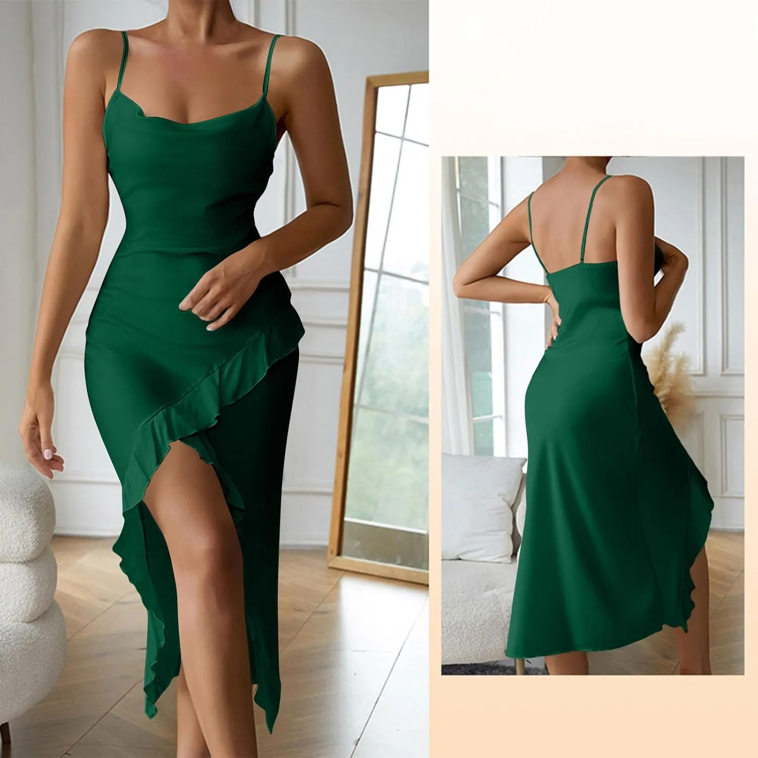 Womens Sexy V-Neck Satin Party Cocktail Midi Dress Sleeveless Slit Front Bodycon Wrap Ruffle Mermaid Formal Dresses