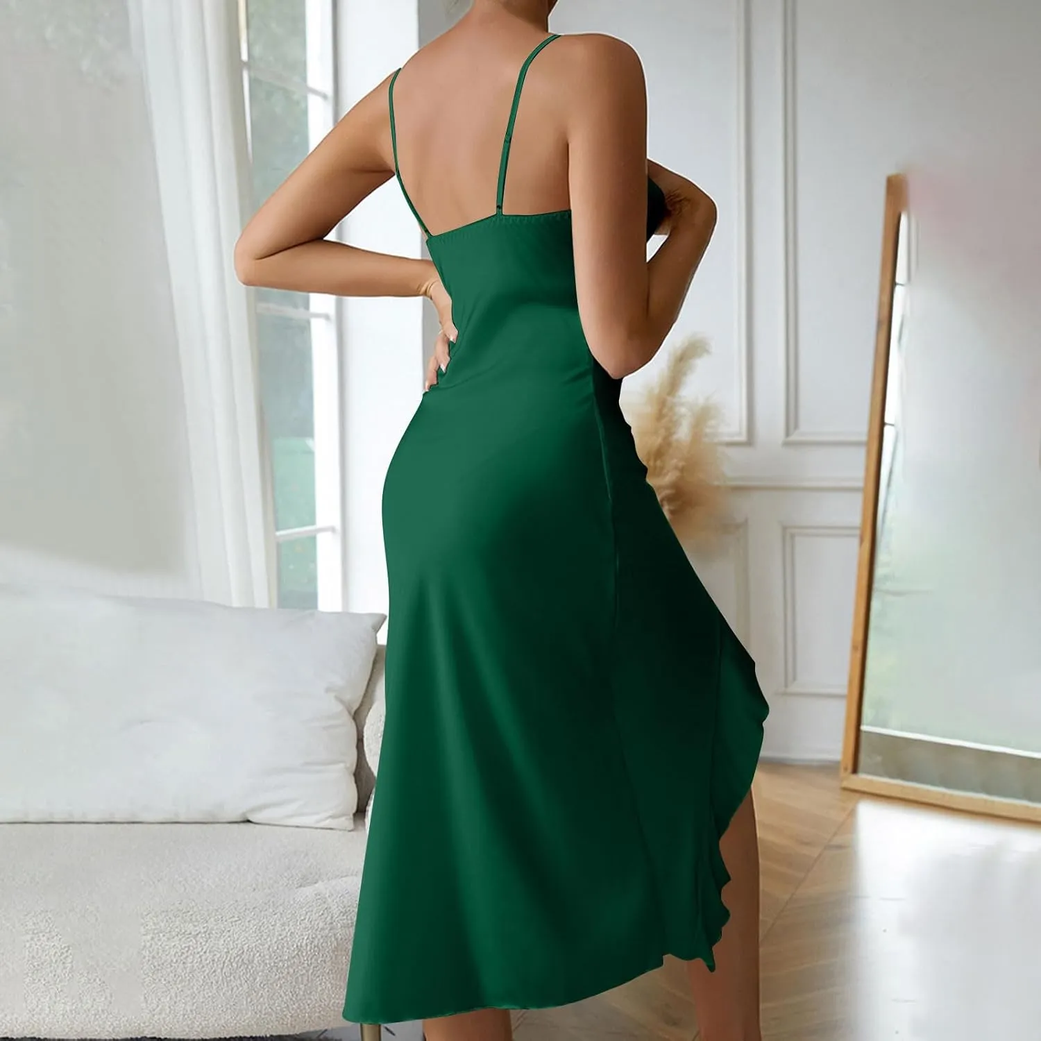 Womens Sexy V-Neck Satin Party Cocktail Midi Dress Sleeveless Slit Front Bodycon Wrap Ruffle Mermaid Formal Dresses