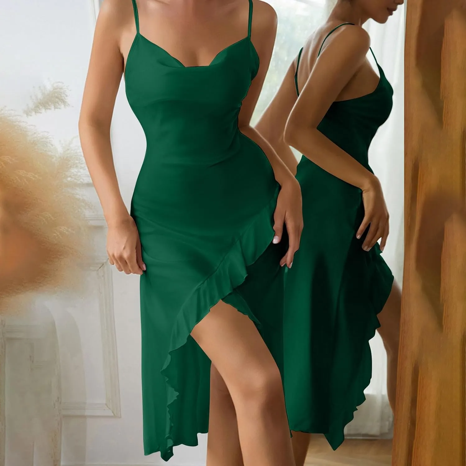Womens Sexy V-Neck Satin Party Cocktail Midi Dress Sleeveless Slit Front Bodycon Wrap Ruffle Mermaid Formal Dresses