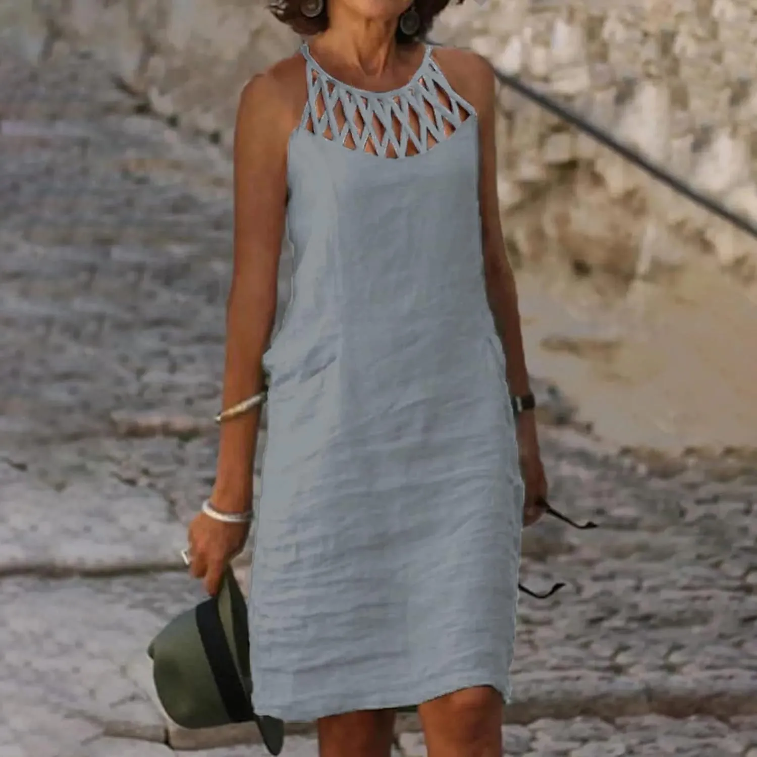 Women's Summer Casual Halter Dress Cotton Linen Dresses Crochet Hollow Out A-line Plain Simple Beach Shift Sundresses