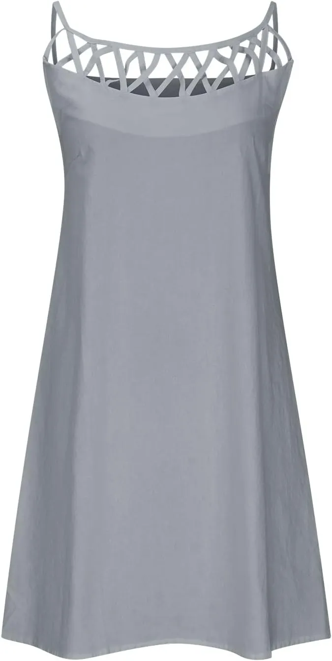 Women's Summer Casual Halter Dress Cotton Linen Dresses Crochet Hollow Out A-line Plain Simple Beach Shift Sundresses