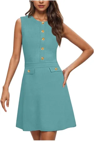 Women's Summer Sleeveless Button Crew Neck Midi Dresses Dressy Formal Wrap Dress Work Tank Sundress with Pockets
