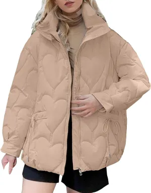 Womens Winter Quilted Jacket Loose Fit Stand Collar Zipper Down Coat Solid Color Warm Padded Fluffy Coats with Pockets