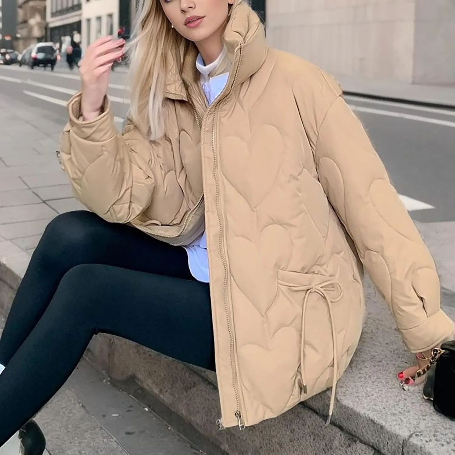 Womens Winter Quilted Jacket Loose Fit Stand Collar Zipper Down Coat Solid Color Warm Padded Fluffy Coats with Pockets