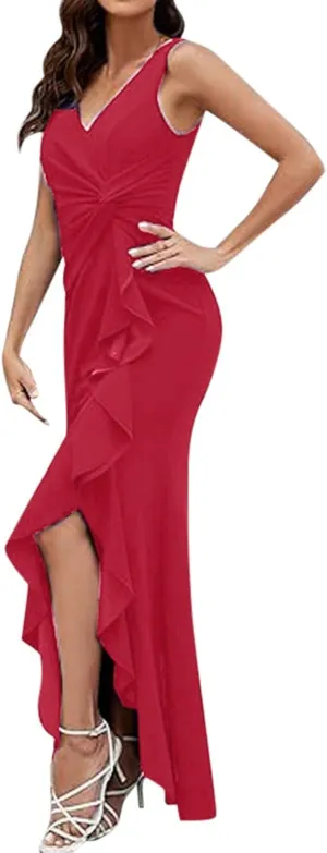 Women's Wrap V Neck Long Formal Dress Sleeveless Ruched Bodycon Split Elegant Wedding Guest Maxi Dresses Semi Formal Dresses