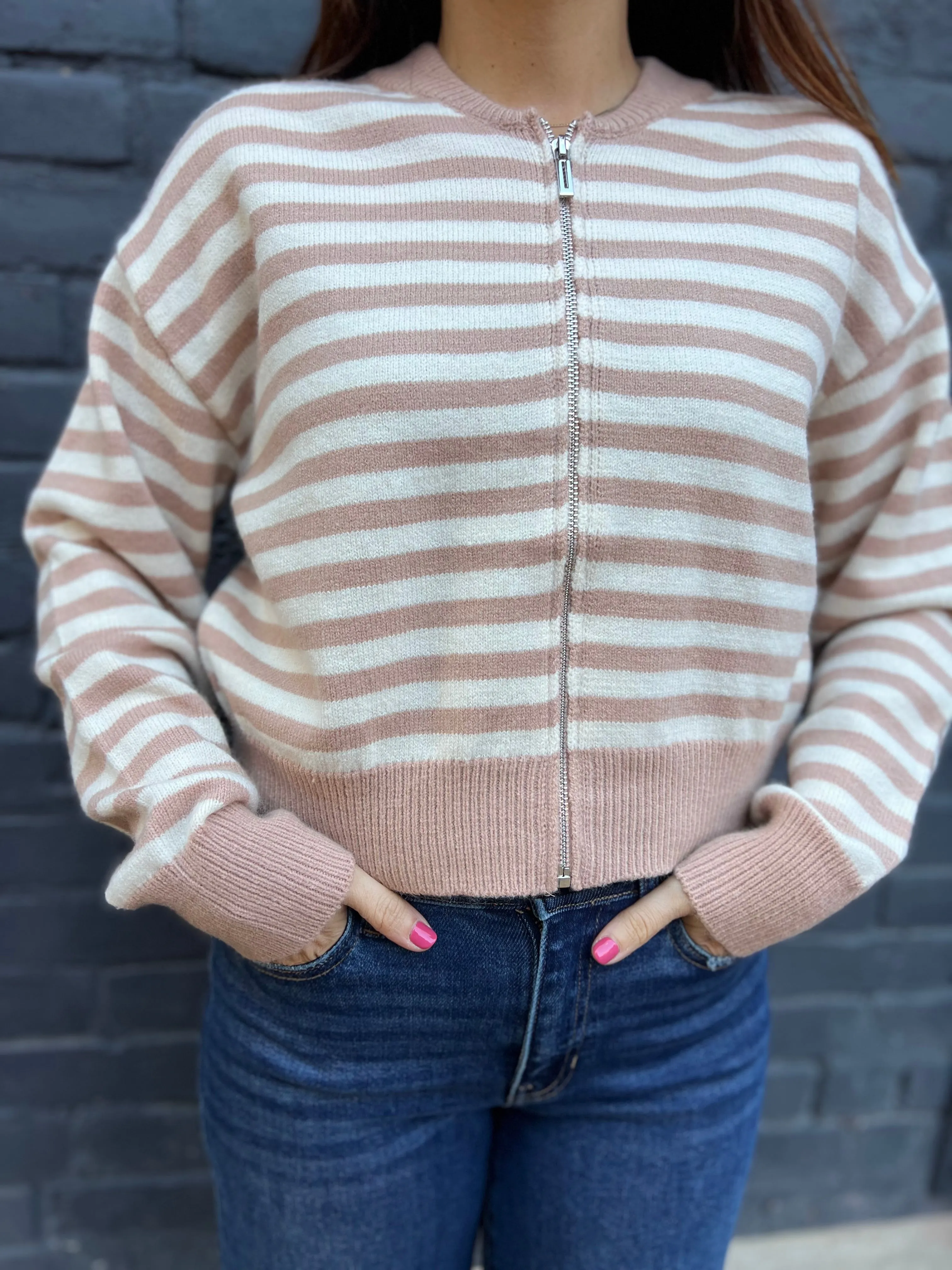ZIP CREW MOCHA STRIPED SWEATER