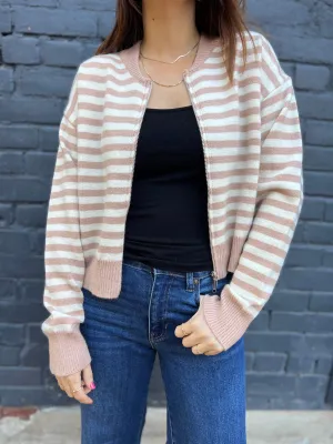ZIP CREW MOCHA STRIPED SWEATER