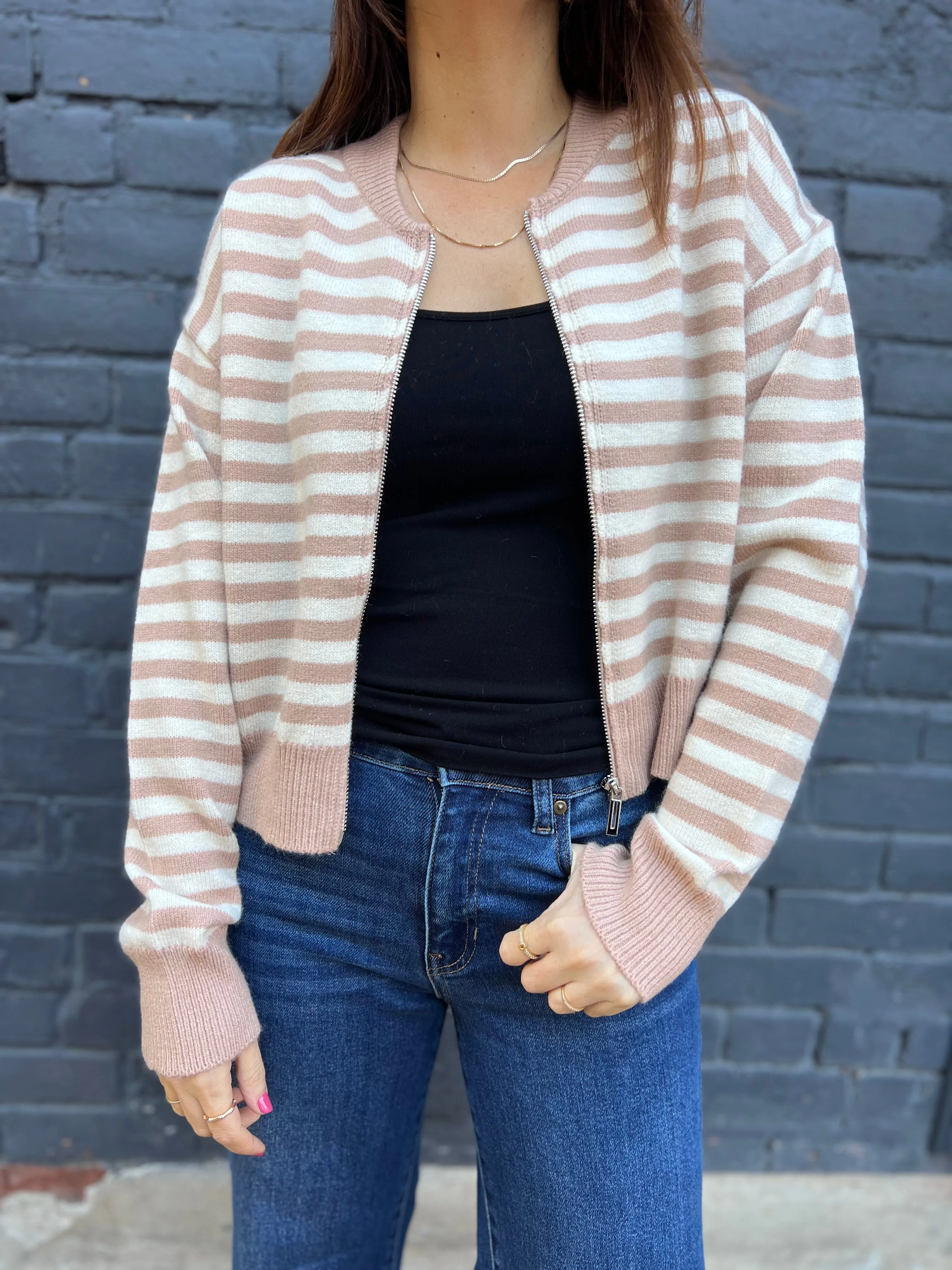 ZIP CREW MOCHA STRIPED SWEATER