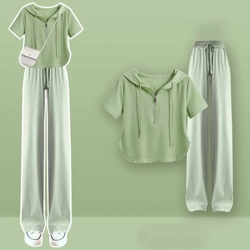 Zipper Draw String T-Shirt Casual Wide Leg Pants
