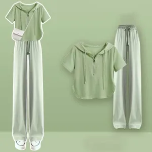 Zipper Draw String T-Shirt Casual Wide Leg Pants