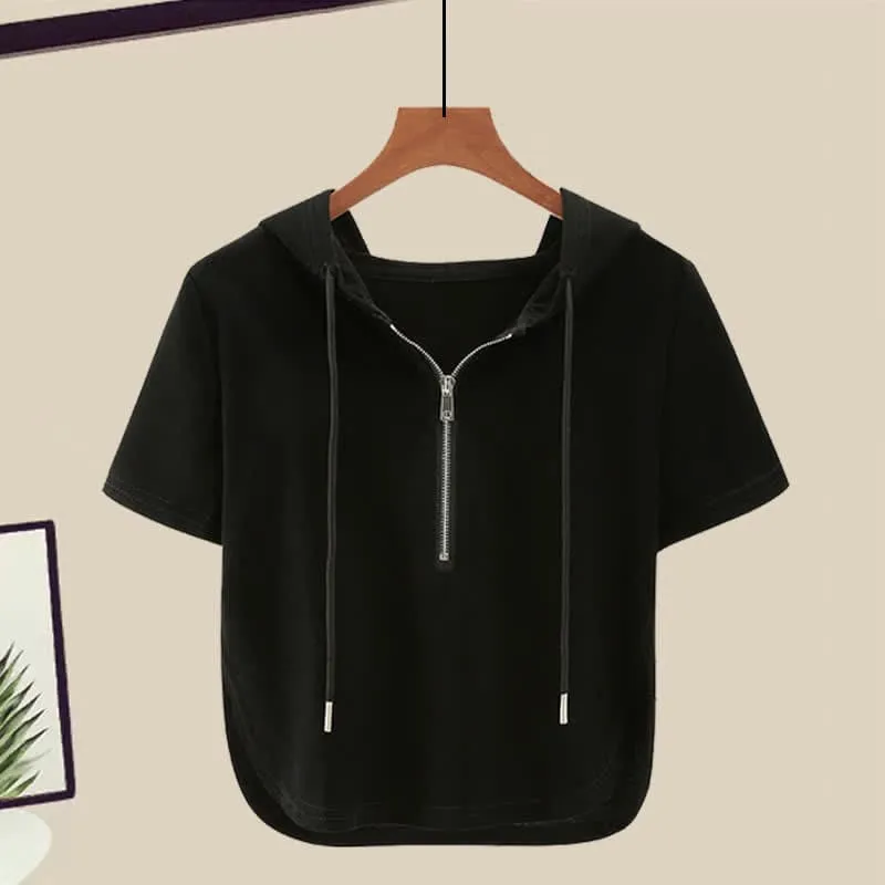Zipper Draw String T-Shirt Casual Wide Leg Pants