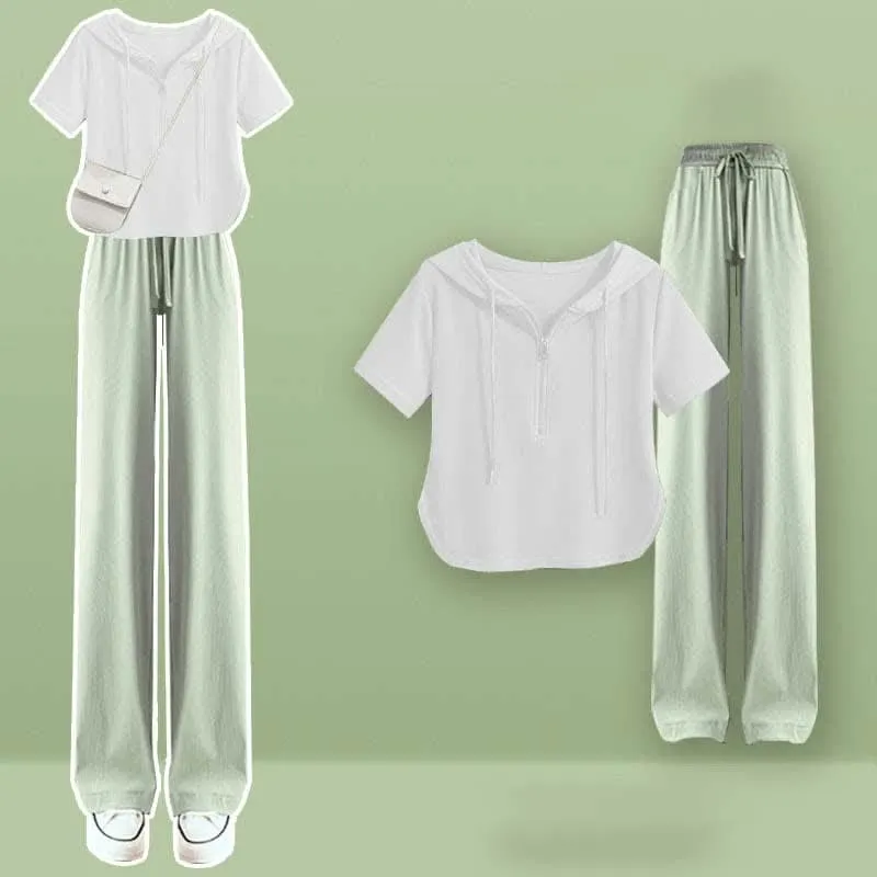 Zipper Draw String T-Shirt Casual Wide Leg Pants