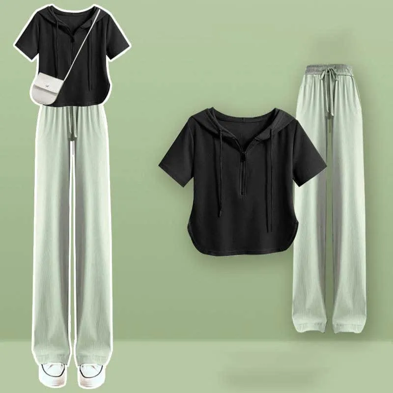 Zipper Draw String T-Shirt Casual Wide Leg Pants
