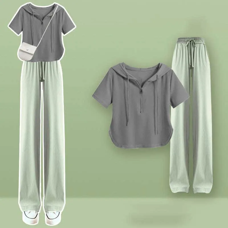 Zipper Draw String T-Shirt Casual Wide Leg Pants